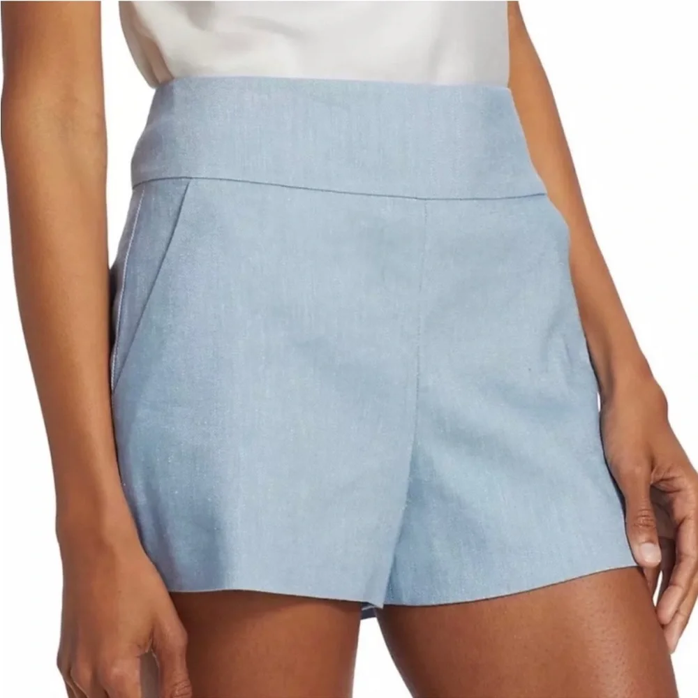 Alice + Olivia Donald High Waist Linen Blend Chambray Shorts Blue 8 - Picture 1 of 10